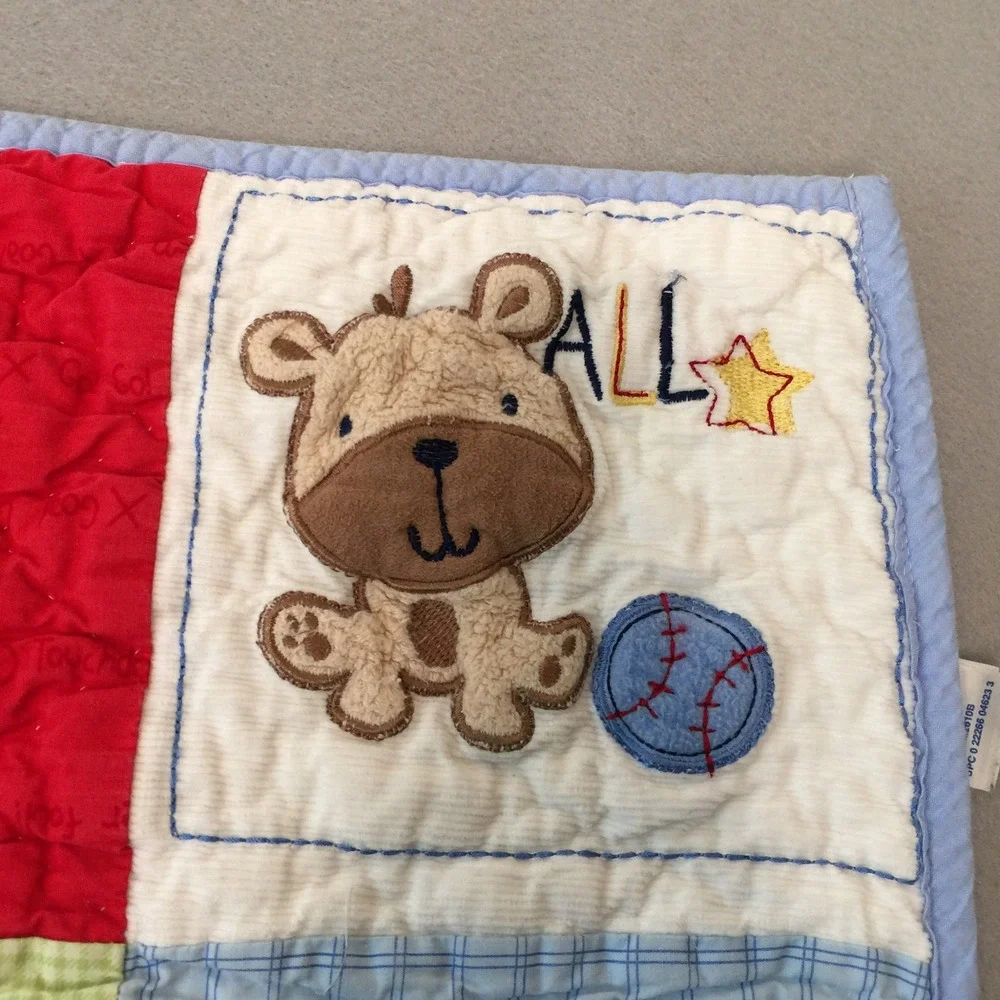 Carters Child of Mine Baby Quilt Blanket Blue Sports Puppy Patchwork Cotton